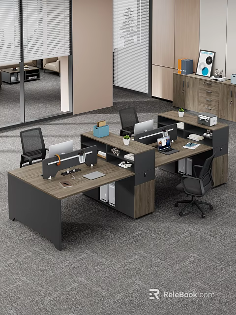 Modern Office Desk Workstation Setup With Wooden Top Metal Frame Computers And Potted Plants 3d model 