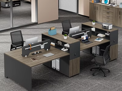 Modern Office Desk Workstation Setup With Wooden Top Metal Frame Computers And Potted Plants 3d model