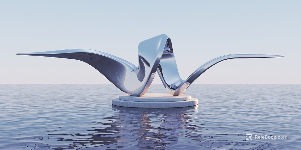 Silver Metallic Sculpture with Flowing Curved Design on Water Surface Under Sky 3d model 