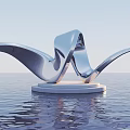 Silver Metallic Sculpture with Flowing Curved Design on Water Surface Under Sky
