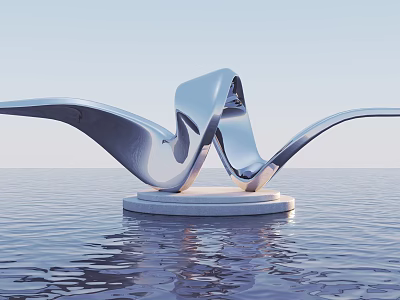 Silver Metallic Sculpture with Flowing Curved Design on Water Surface Under Sky 3d model
