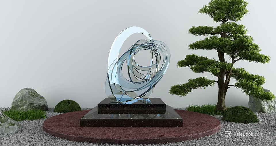 Transparent Glass Garden Sculpture With Twisted Circular Design Black Stone Base And Green Pine Tree 3d model