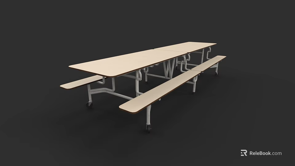 Light Colored Rectangular Dining Table With Benches Metal Frame And Black Wheels 3d model