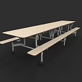 Light Colored Rectangular Dining Table With Benches Metal Frame And Black Wheels 3d model