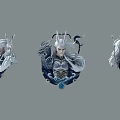 Decorative Figurine Set With White Hair Armor Style And Blue Accents Shadow Effect