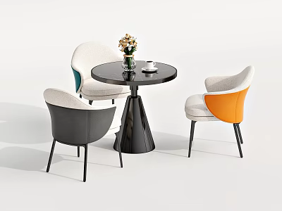 Modern Round Black Table And Three Colorful Chairs Set With Vase Flowers Cup And Saucer 3d model