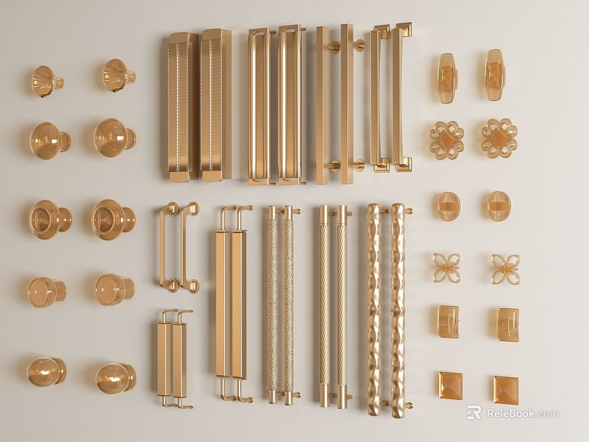 Golden Furniture Handles In Various Styles With Decorative Shapes And Intricate Designs 3d model 