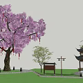 Traditional Landscape Pavilion with Purple Flowering Tree Red Lanterns and Lawn