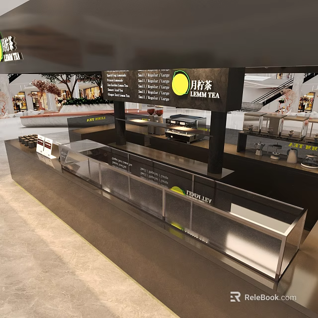 GANCHA TEA Bubble Tea Shop Interior With Modern Counter And Menu Board 3d model 