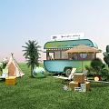 Charming Outdoor Photo Spot Featuring Vintage Cafe Truck Palm Trees Tent And Green Grass