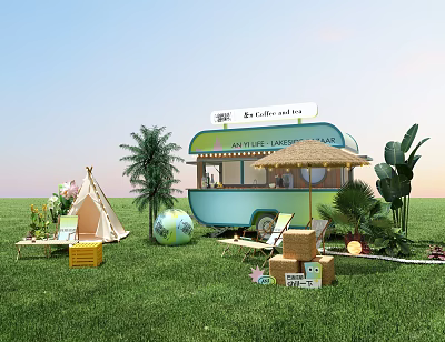 Charming Outdoor Photo Spot Featuring Vintage Cafe Truck Palm Trees Tent And Green Grass 3d model
