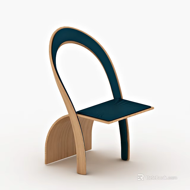 Modern Single Chair With Curved Wooden Frame And Deep Blue Upholstered Seat 3d model 