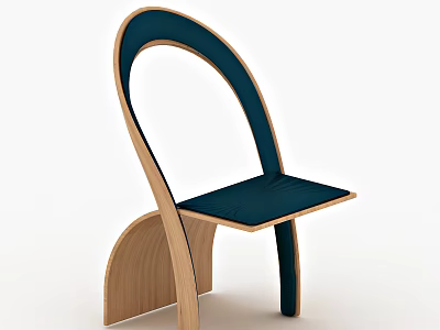 Modern Single Chair With Curved Wooden Frame And Deep Blue Upholstered Seat 3d model