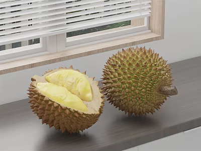Two Fresh Durian Fruits One Cut Open Revealing Yellow Flesh On Windowsill 3d model