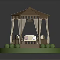 Wooden Garden Gazebo With Seats On Green Lawn And Surrounding Bushes