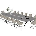 Modern White Conference Table with Multiple Beige Wheeled Office Chairs and Plant Vase Setup
