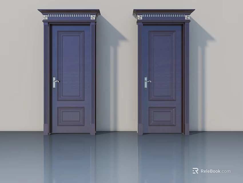 Dark Colored Swing Doors With Ornate Frames And Panel Design On Sleek Floor 3d model