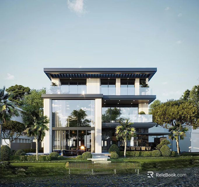 Modern Detached Villa Exterior With Large Windows Balcony And Landscaped Garden 3d model 