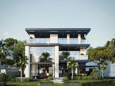 Modern Detached Villa Exterior With Large Windows Balcony And Landscaped Garden 3d model