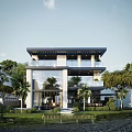 Modern Detached Villa Exterior With Large Windows Balcony And Landscaped Garden