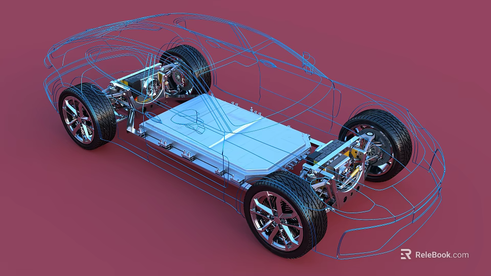 Detailed 3D Blueprint of Electric Vehicle Chassis With Battery And Wheels 3d model 