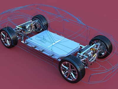 Detailed 3D Blueprint of Electric Vehicle Chassis With Battery And Wheels 3d model