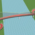 Modern Curved Red Bridge With Metal Railings And Green Grass Landscape Design