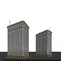 Twin Classical Style Office Buildings With Large Windows And Stone Base
