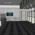 Indoor Fitness Gym Space With People Exercising Grid Ceiling And Striped Flooring
