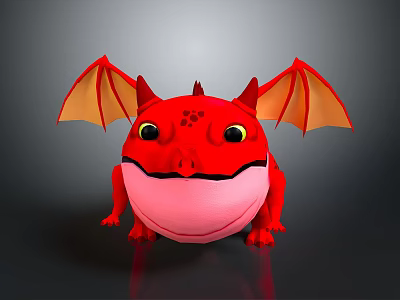 Cute Red Cartoon Dragon Character With Yellow Wings Big Eyes And Pink Belly 3d model