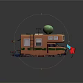 Cartoon Style RV Campsite Scene with Satellite Dish Awning Deck Chairs Lifebuoy and Small Table