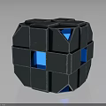Futuristic Metallic Geometric Device Featuring Cube Structure With Blue Illuminated Panels And Triangular Cutouts 3d model