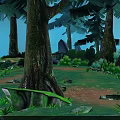Tall Trees in Lush Forest with Sunlight Through Leaves Mossy Ground Path Rocks and Shrubs
