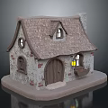 Cartoon Cottage Scene With Stone Walls Wooden Door Chimney Round Windows And Hanging Lantern