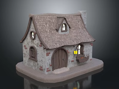 Cartoon Cottage Scene With Stone Walls Wooden Door Chimney Round Windows And Hanging Lantern 3d model