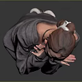 Woman in Gray Suit with Hands Near Cheeks and White Sneakers on Gradient Background