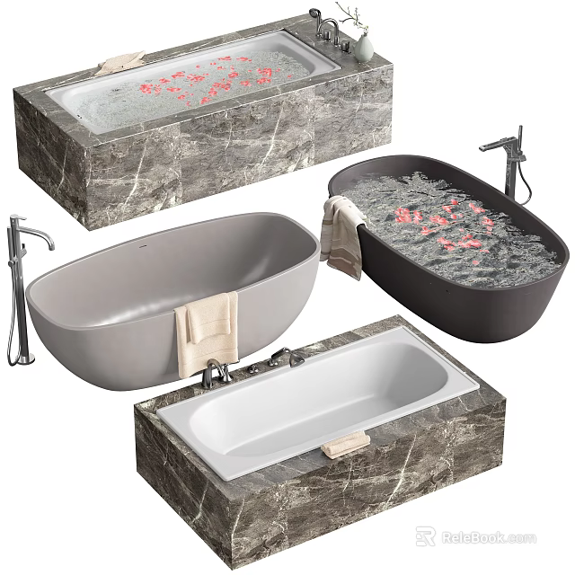 Elegant Marble Bathtubs Freestanding Built In Designs With Red Petals Towel And Faucet 3d model 
