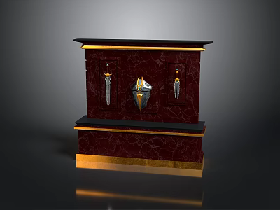 Elegant Crimson Marble Display Cabinet With Gold Accents And Decorative Swords Shield 3d model