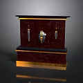 Elegant Crimson Marble Display Cabinet With Gold Accents And Decorative Swords Shield
