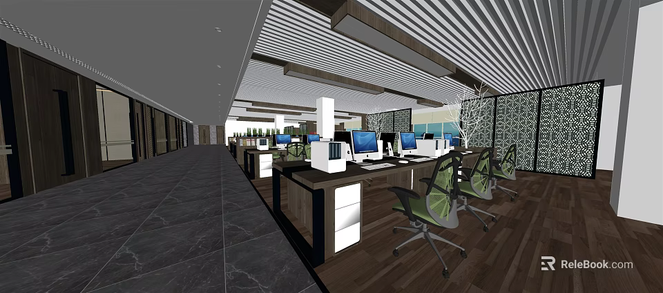 Modern Public Office Space Interior With Work Desks Computers And Ergonomic Chairs 3d model