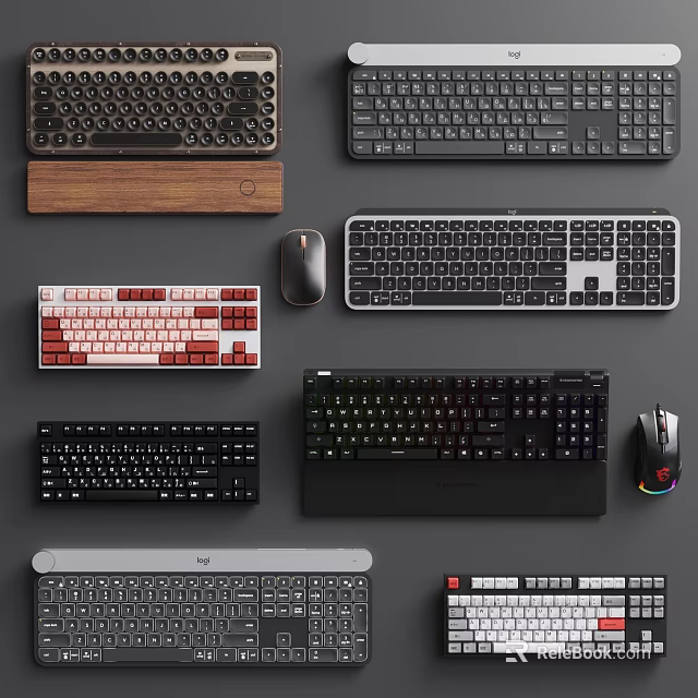 Various Computer Keyboards And Mice Including Wireless Mechanical And Ergonomic Styles 3d model 