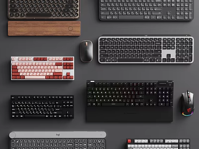 Various Computer Keyboards And Mice Including Wireless Mechanical And Ergonomic Styles 3d model