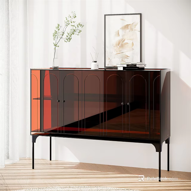 Modern Entryway Console Cabinet with Glass Doors and Decorative Vase Books Against Wall Art 3d model 