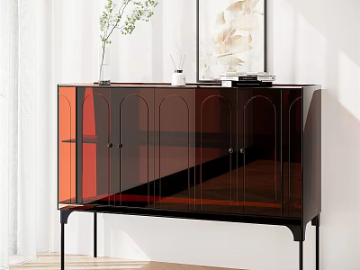 Modern Entryway Console Cabinet with Glass Doors and Decorative Vase Books Against Wall Art 3d model