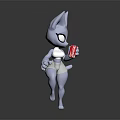 Stylized White Cat Character With Large Ears Holding Red Beverage and Patterned Shorts 3d model