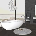 Luxurious Freestanding Bathtub in Modern Bathroom with Ocean View Sunset and Pendant Lights