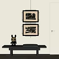 Black Modern Console Table With Rabbit Figurine And Framed Abstract Artworks 3d model