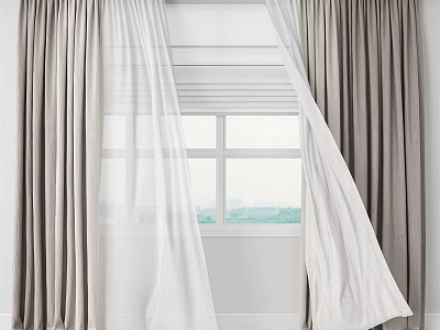 Thick Gray Curtains With White Sheer Layers For Modern Window Interior 3d model