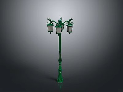 Vintage Green Street Lamp with Decorative Ornate Pole and Three Classic Lamp Shades 3d model