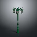 Vintage Green Street Lamp with Decorative Ornate Pole and Three Classic Lamp Shades